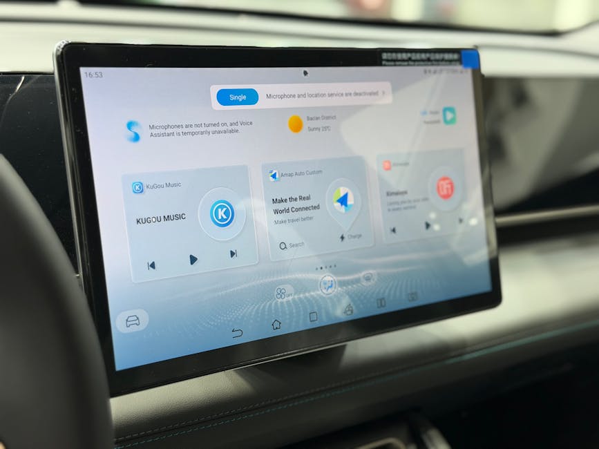 Modern car dashboard featuring a digital touchscreen interface with multiple apps